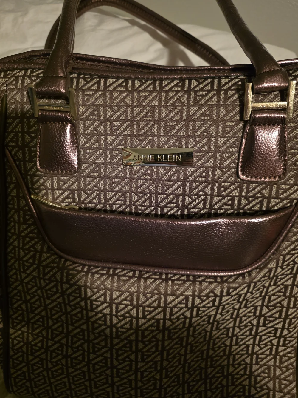 Anne Klein Brown Patterned Laptop Tote with Metallic Trim